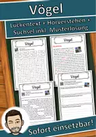 Vorschau - Unterrichtsreihen - Vögel Lückentext mit Wortspeicher Hörverstehen und Suchsel - Deckblatt