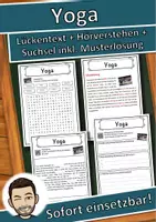 Vorschau - Unterrichtsreihen - Yoga Lückentext mit Wortspeicher Hörverstehen und Suchsel - Deckblatt