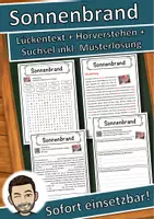 Vorschau - Unterrichtsreihen - Sonnenbrand Lückentext mit Wortspeicher Hörverstehen und Suchsel - Deckblatt