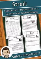 Vorschau - Unterrichtsreihen - Streik Lückentext mit Wortspeicher Hörverstehen und Suchsel - Deckblatt