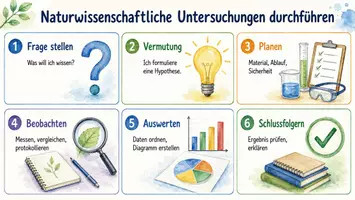 Vorschau - Arbeitsblätter - Arbeitsblatt "Naturwissenschaftliche Untersuchungen durchführen" + interaktive Lösung & MP3 + Infografik - Seite 1