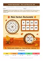 Vorschau - Arbeitsblätter - Herbst-Rechenbild Plus & Minus bis 100 – Ausmalbild mit Lösung - Seite 1