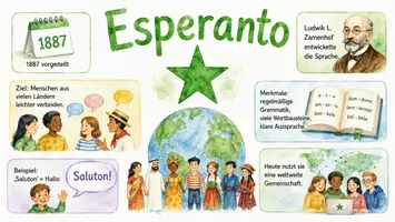 Vorschau - Arbeitsblätter - AB mit Fragen zum Thema "Esperanto" + Lösungsblatt + Infografik - Seite 1
