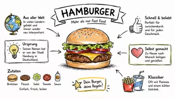 Vorschau - Arbeitsblätter - AB mit Fragen zum Thema "Hamburger" + Lösungsblatt + Infografik - Seite 1