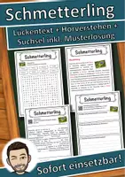 Vorschau - Unterrichtsreihen - Schmetterling Lückentext mit Wortspeicher Hörverstehen und Suchsel - Deckblatt