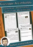 Vorschau - Unterrichtsreihen - Giuseppe Arcimboldo Lückentext mit Wortspeicher Hörverstehen und Suchsel - Deckblatt