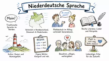 Vorschau - Arbeitsblätter - AB mit Fragen zum Thema "Niederdeutsche Sprache" + Lösungsblatt + Mindmap + Infografik - Seite 1