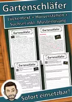 Vorschau - Unterrichtsreihen - Gartenschläfer Lückentext mit Wortspeicher Hörverstehen und Suchsel - Deckblatt