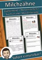 Vorschau - Unterrichtsreihen - Milchzähne Lückentext mit Wortspeicher Hörverstehen und Suchsel - Deckblatt