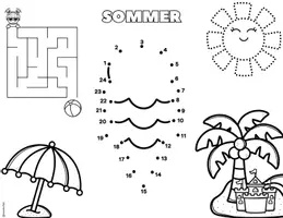 Vorschau - Arbeitsblätter - Kostenloses Sommer-Arbeitsblatt für die Grundschule | Labyrinth, Punkte verbinden & Nachspuren - Seite 1