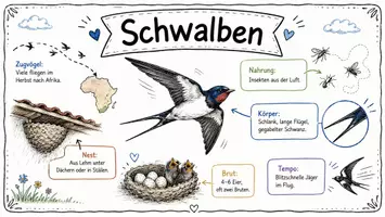 Vorschau - Arbeitsblätter - AB mit Fragen zum Thema "Schwalben" + Lösungsblatt + Infografik - Seite 1