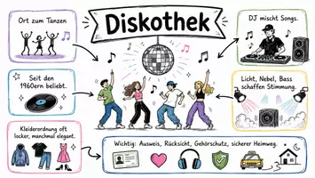 Vorschau - Arbeitsblätter - AB mit Fragen zum Thema "Diskothek" + Lösungsblatt + Infografik - Seite 1