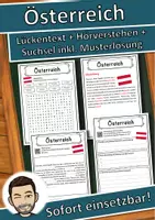 Vorschau - Unterrichtsreihen - Österreich Lückentext mit Wortspeicher Hörverstehen und Suchsel - Deckblatt