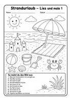 Vorschau - Arbeitsblätter - Lesen und malen zum Thema Strandurlaub - Seite 1
