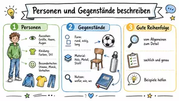 Vorschau - Arbeitsblätter - AB mit Fragen zum Thema "Beschreibung von Personen und Gegenständen" + Lösungsblatt + Infografik - Seite 1