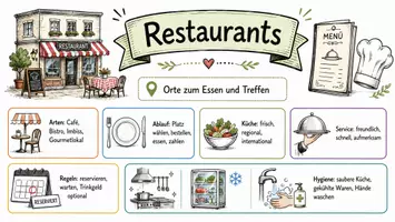 Vorschau - Arbeitsblätter - AB mit Fragen zum Thema "Restaurant" + Lösungsblatt + Infografik - Seite 1