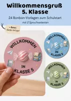 Vorschau - Mal- und Bastelvorlagen - Willkommensgruß Klasse 5 zum 1. Schultag | Bonbon-Vorlagen Geschenk Schüler 5. Klasse Schulanfang | Willkommensgeschenk neues Schuljahr - Deckblatt