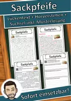Vorschau - Unterrichtsreihen - Sackpfeife Lückentext mit Wortspeicher Hörverstehen und Suchsel - Deckblatt