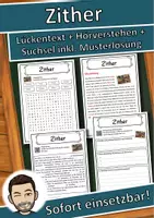 Vorschau - Unterrichtsreihen - Zither Lückentext mit Wortspeicher Hörverstehen und Suchsel - Deckblatt
