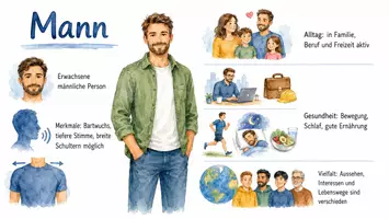 Vorschau - Arbeitsblätter - Arbeitsblätter zum Thema "Mann" + Lösung & MP3 + Infografik - Seite 1