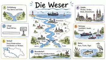 Vorschau - Arbeitsblätter - AB mit Fragen zum Thema "Weser" + Lösungsblatt + Infografik - Seite 1