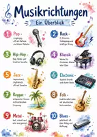 Vorschau - Arbeitsblätter - Lernposter + Arbeitsblätter zum Thema "Musikrichtung" (Lückentext, Hörverstehen) + Lösung & MP3 + Mindmap + Infografiken - Deckblatt