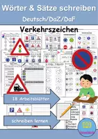 Vorschau - Arbeitsblätter - Verkehrsschilder / Verkehrszeichen: Wörter und Sätze schreiben und Silben DaZ/DaF / Deutsch - Deckblatt