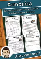 Vista previa - Hojas de trabajo - Armónica Ficha de música: texto con huecos, comprensión auditiva y sopa de letras - Portada