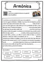 Vista previa - Hojas de trabajo - Armónica Ficha de música: texto con huecos, comprensión auditiva y sopa de letras - página 1
