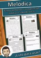 Vista previa - Hojas de trabajo - Melódica Ficha de música: texto con huecos, comprensión auditiva y sopa de letras - Portada