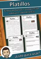 Vista previa - Hojas de trabajo - Platillos Ficha de música: texto con huecos, comprensión auditiva y sopa de letras - Portada