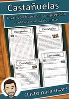 Vista previa - Hojas de trabajo - Castañuelas Ficha de música: texto con huecos, comprensión auditiva y sopa de letras - Portada