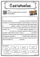 Vista previa - Hojas de trabajo - Castañuelas Ficha de música: texto con huecos, comprensión auditiva y sopa de letras - página 1