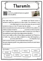 Vista previa - Hojas de trabajo - Theremín Ficha de música: texto con huecos, comprensión auditiva y sopa de letras - página 1