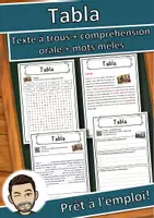 Aperçu - Inclusion - Tabla Fiche de musique : texte à trous, compréhension orale et mots mêlés - Page de couverture