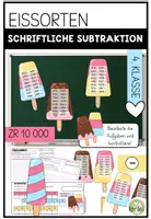 Vorschau - Arbeitsblätter - Schriftliche Subtraktion bis 10 000 | Freiarbeit 4. Klasse | 24 Karteikarten mit Selbstkontrolle | Eissorten - Deckblatt