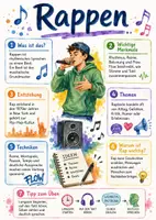 Vorschau - Arbeitsblätter - Lernposter + Arbeitsblätter zum Thema "Rappen (Sprechgesang)" (Lückentext, Hörverstehen) + Lösung & MP3 + Mindmap + Infografik - Deckblatt