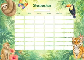 Vorschau - Poster - Stundenplan Dschungel: zum Ausfüllen für die Grundschule, Tiger, Affe, Papagei & Regenwald Tiere - Deckblatt