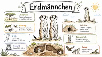 Vorschau - Arbeitsblätter - AB mit Fragen zum Thema "Erdmännchen" + Lösungsblatt + Infografik - Seite 1