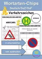 Vorschau - Arbeitsblätter - Wortarten Chips Verkehrsschilder / Verkehrszeichen - DaZ/DaF / Deutsch (Nomen • Verben • Adjektive) - Deckblatt