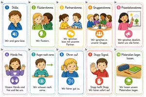 Vorschau - Mal- und Bastelvorlagen - Lautstärke- und Verhaltenskarten Grundschule Klasse 1–2 | 10 Bildkarten für Klassenführung und Unterrichtsregeln - Seite 1