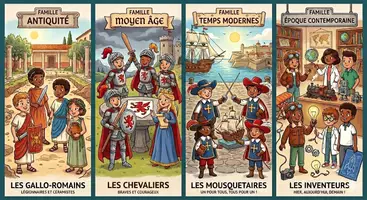Aperçu - Apprentissages en autonomie - Projet "Voyageurs du Temps" : Cartes Énigmes, Familles Historiques et étiquettes prénoms - Page 1