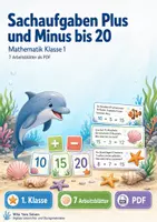 Vorschau - Arbeitsblätter - Sachaufgaben Plus und Minus bis 20 | Mathematik Klasse 1 | 7 Arbeitsblätter als PDF - Deckblatt