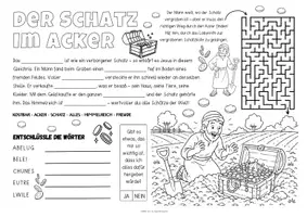 Vorschau - Arbeitsblätter - Das Gleichnis vom Schatz im Acker - Religion Bibelgeschichten "Spiel- & Rätselmatte" | Das Gleichnis vom Schatz im Acker Klasse 2, 3 & 4 | Religion Grundschule | Aufgaben für Schnelle | Ich bin fertig Aufgaben | Lückenfüller - Seite 1