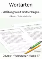 Vorschau - Arbeitsblätter - Wortarten • 20 Wortschlangen - Übungen • Nomen/Verb/Adjektiv - Deckblatt