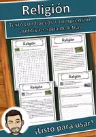 Vista previa - Hojas de trabajo - Religión – Ficha: texto con huecos, comprensión auditiva y sopa de letras - Portada