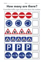 Vorschau - Arbeitsblätter - Verkehrsschilder / Verkehrszeichen / Traffic signs - Zählen / Count - auf Englisch “How many?” - Seite 2
