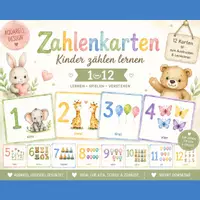 Vorschau - Bildkarten - Zahlenkarten 1–12 | Zahlen lernen Kindergarten | Aquarell Lernkarten | Vorschule | Montessori | Mengen lernen | Mathe Kita | Printable PDF - Deckblatt