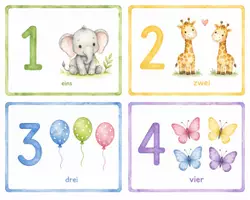 Vorschau - Bildkarten - Zahlenkarten 1–12 | Zahlen lernen Kindergarten | Aquarell Lernkarten | Vorschule | Montessori | Mengen lernen | Mathe Kita | Printable PDF - Seite 1
