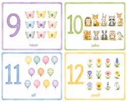 Vorschau - Bildkarten - Zahlenkarten 1–12 | Zahlen lernen Kindergarten | Aquarell Lernkarten | Vorschule | Montessori | Mengen lernen | Mathe Kita | Printable PDF - Seite 3